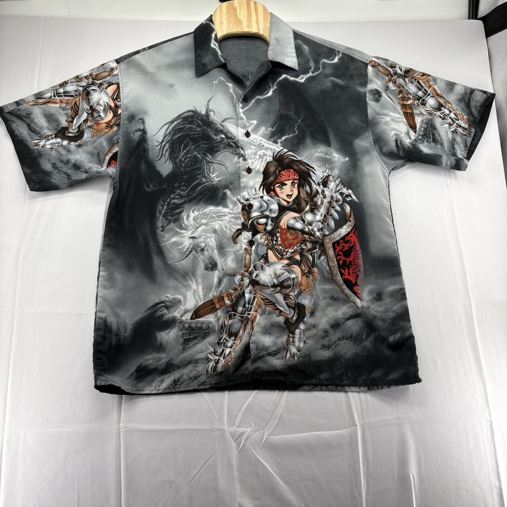 Zen‎ YKK Anime Dragon Japanese Style AOP Graphic Shirt XL Button Down SS